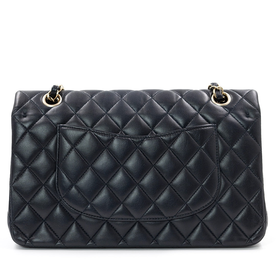 Chanel Medium Classic Double Flap Bag in Navy Blue Lambskin Leather with Gold Hardware - Gemaee  UAE