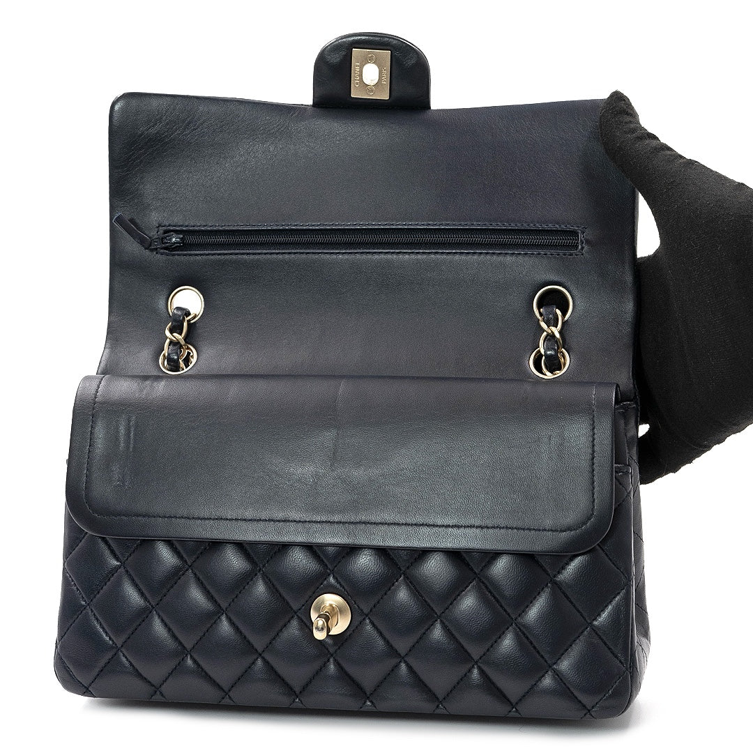 Chanel Medium Classic Double Flap Bag in Navy Blue Lambskin Leather with Gold Hardware - Gemaee  UAE