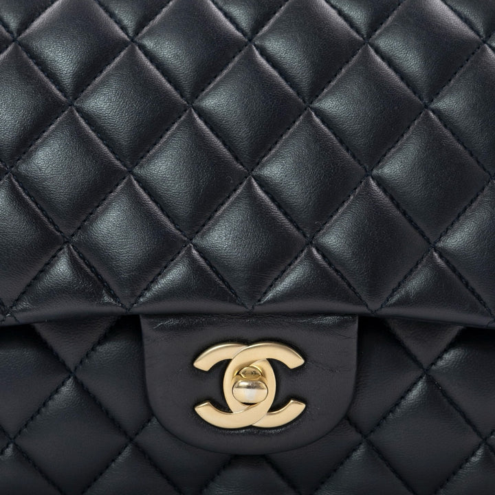 Chanel Medium Classic Double Flap Bag in Navy Blue Lambskin Leather with Gold Hardware - Gemaee  UAE