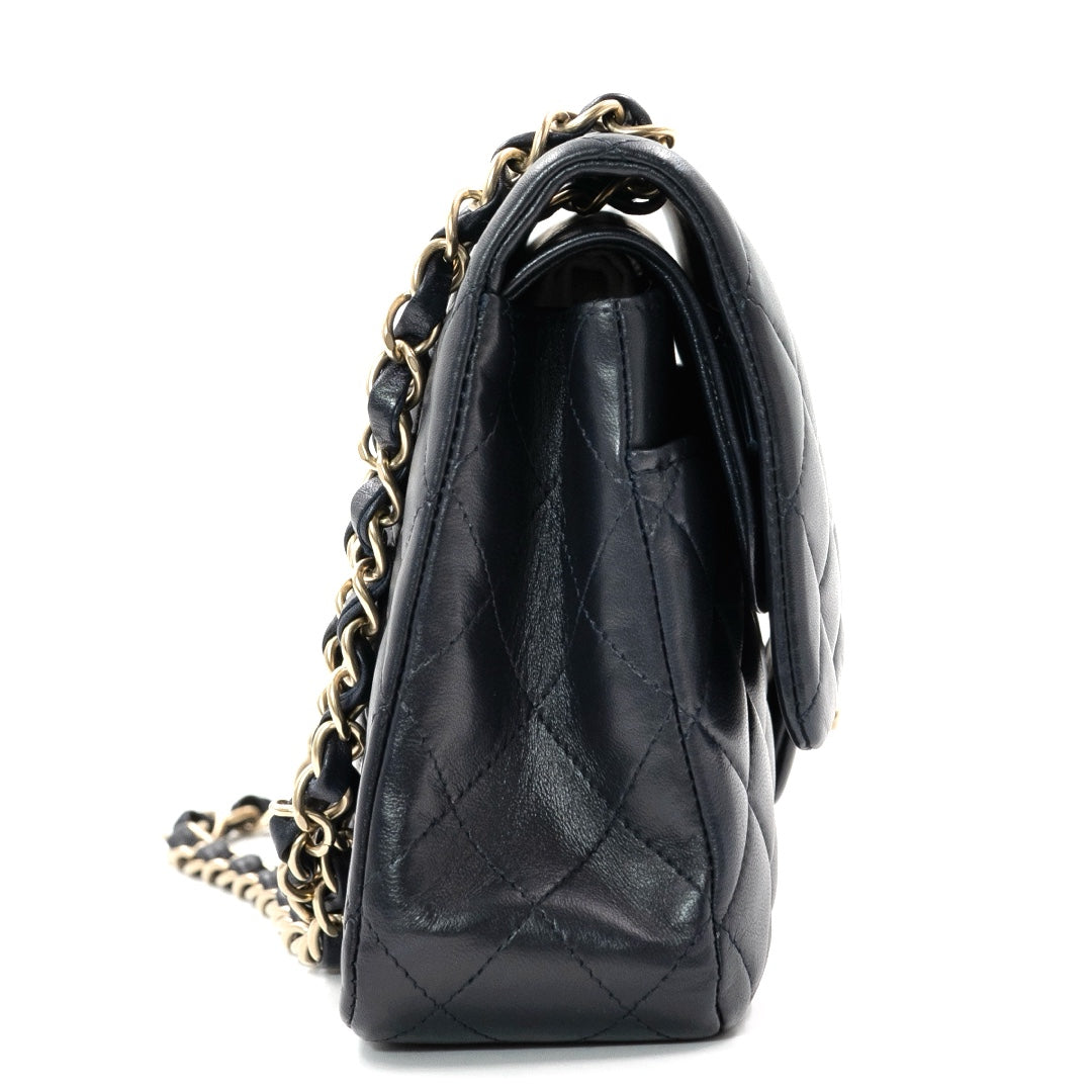 Chanel Medium Classic Double Flap Bag in Navy Blue Lambskin Leather with Gold Hardware - Gemaee  UAE