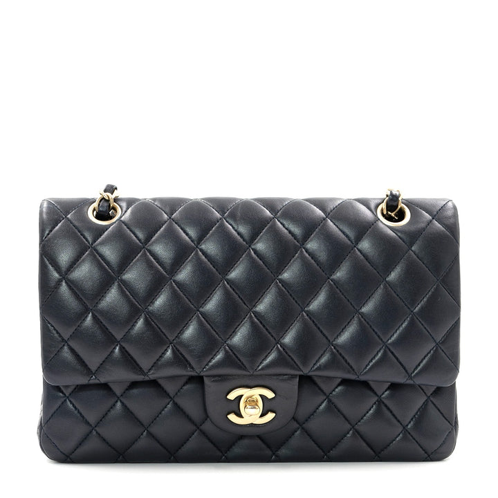 Chanel Medium Classic Double Flap Bag in Navy Blue Lambskin Leather with Gold Hardware - Gemaee  UAE
