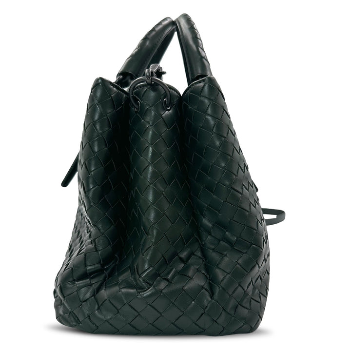 Bottega Veneta Intrecciato Roma Tote Bag in Dark Green Leather