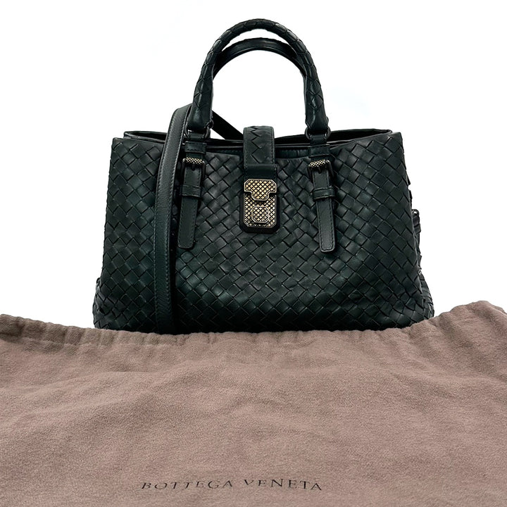 Bottega Veneta Intrecciato Roma Tote Bag in Dark Green Leather