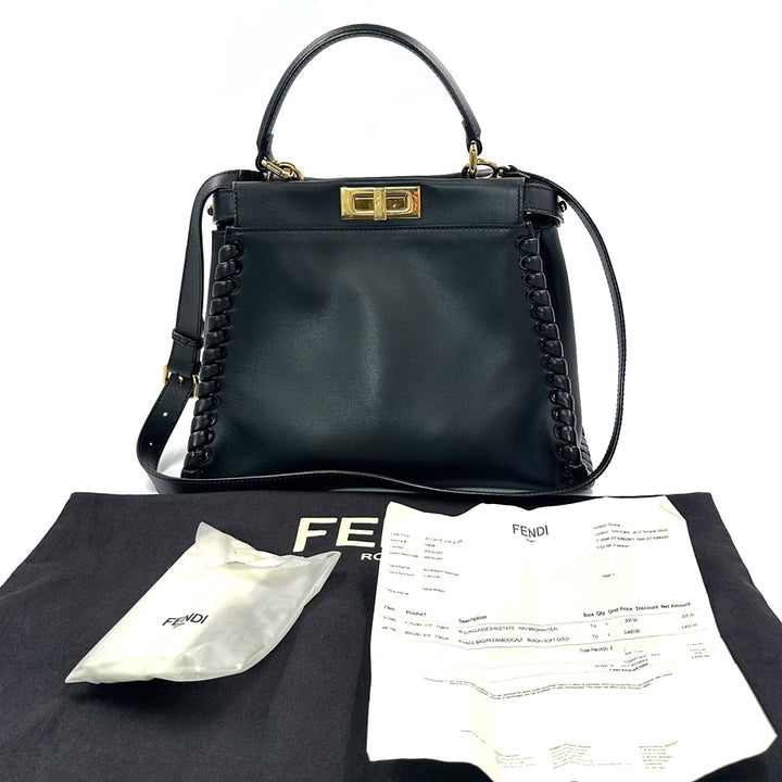 Fendi Peekaboo Whipstitched Top Handle Bag in Black Leather