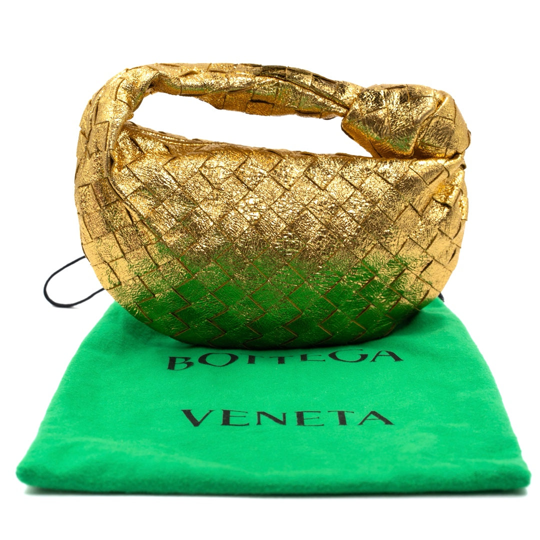 Bottega Veneta Mini Jodie in Gold Intrecciato Lambskin Leather with Knot Handle - Gemaee  UAE