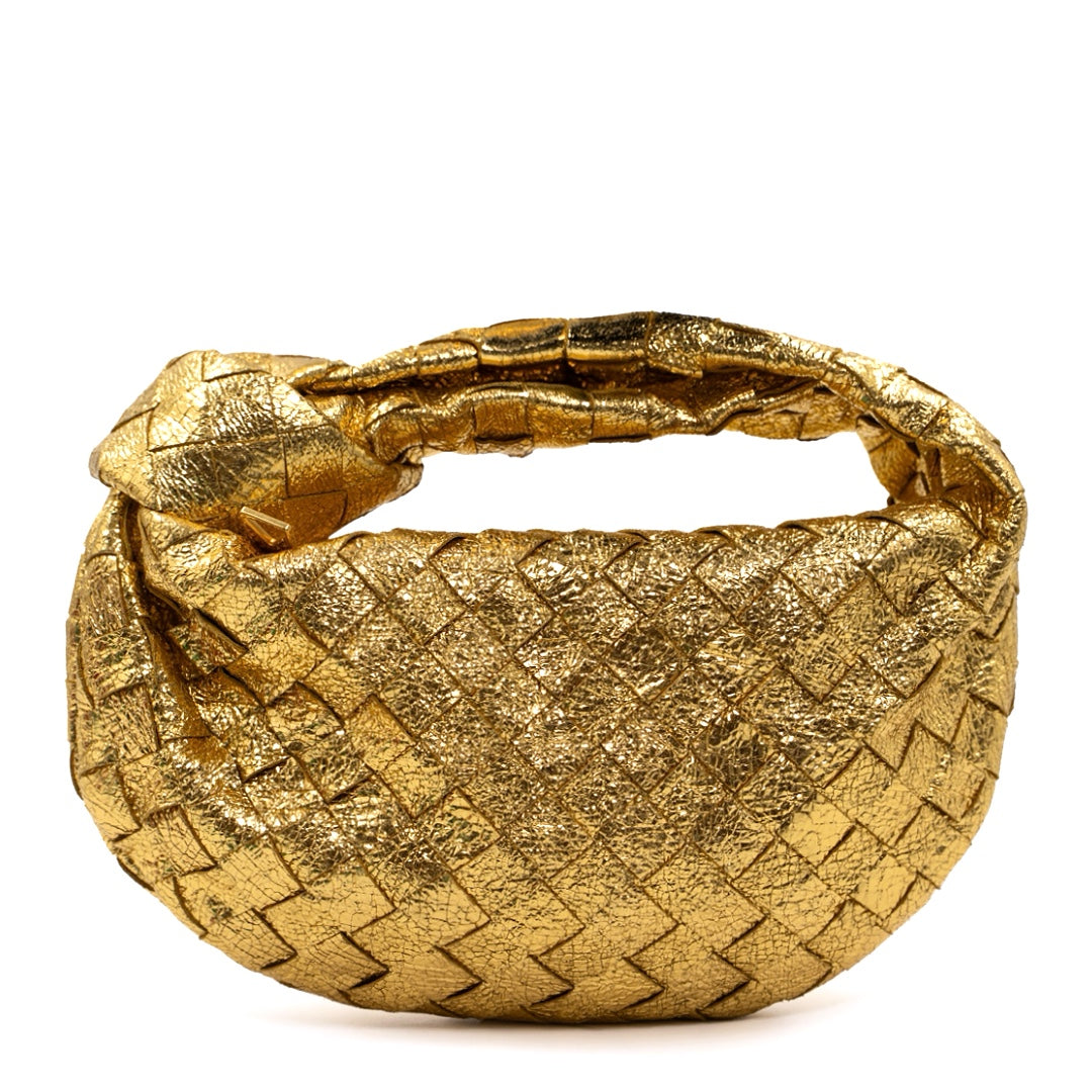 Bottega Veneta Mini Jodie in Gold Intrecciato Lambskin Leather with Knot Handle - Gemaee  UAE