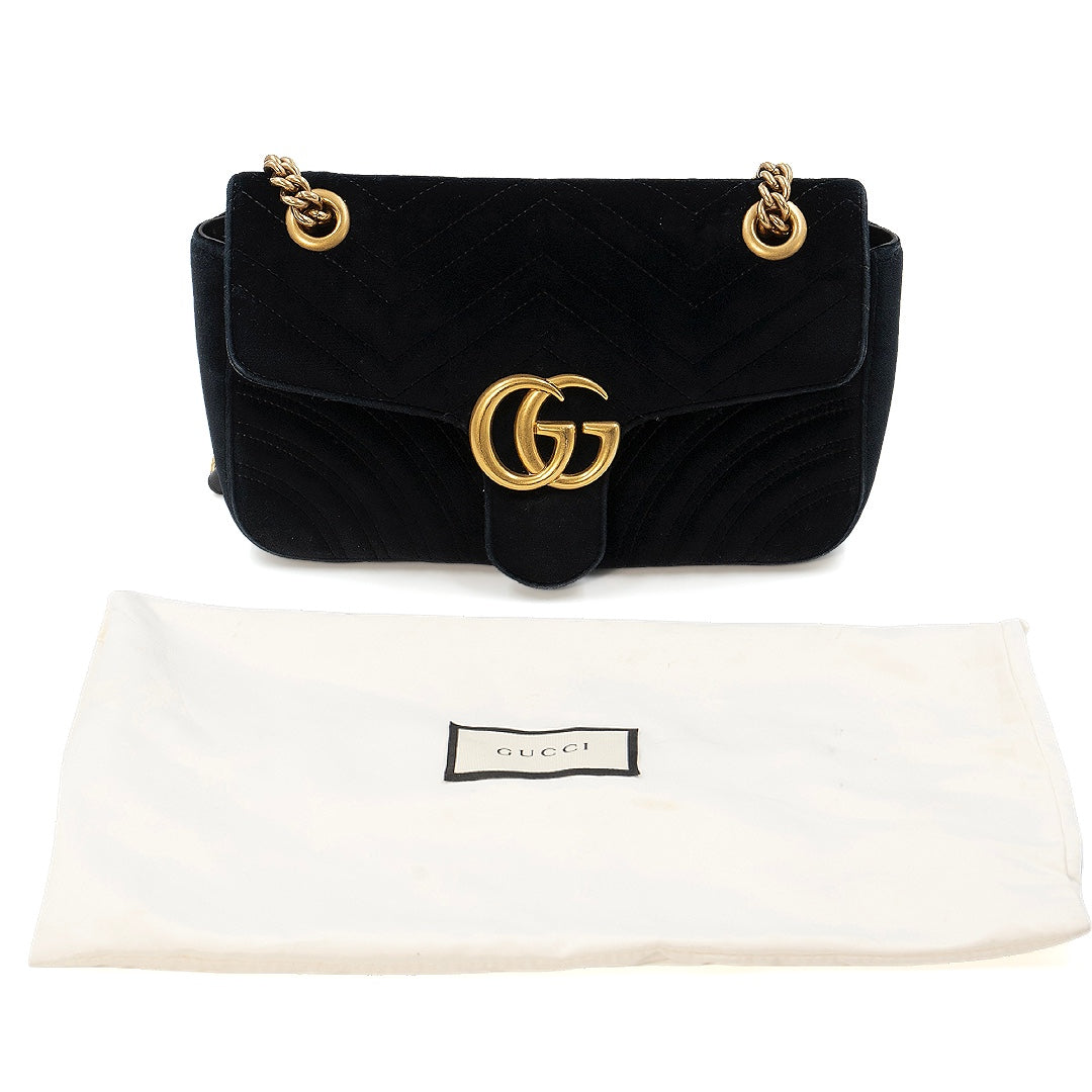 GUCCI Small GG Marmont Shoulder Bag in Black Matelassé Velvet with Antique Gold Hardware