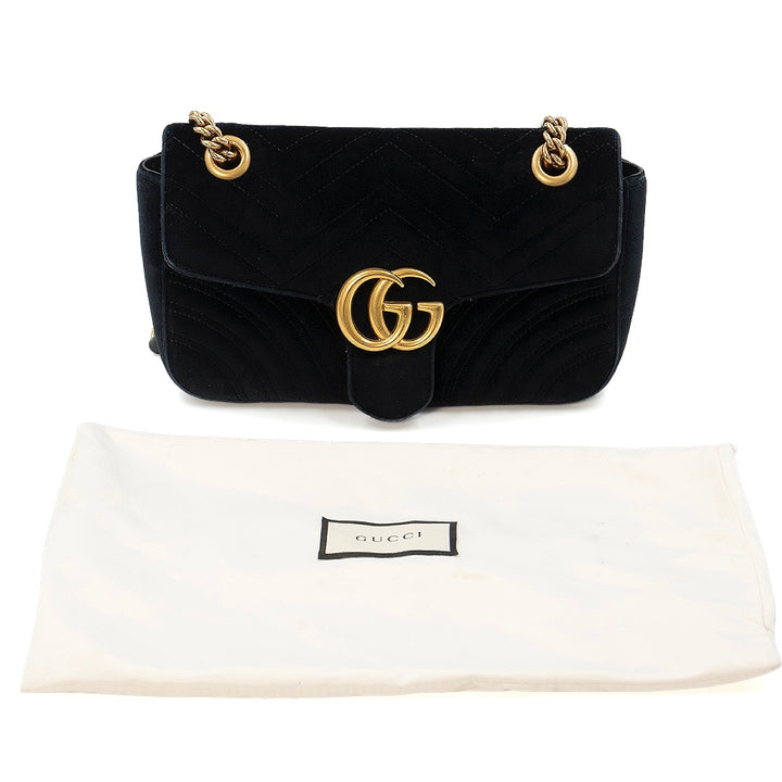 GUCCI Small GG Marmont Shoulder Bag in Black Matelassé Velvet with Antique Gold Hardware