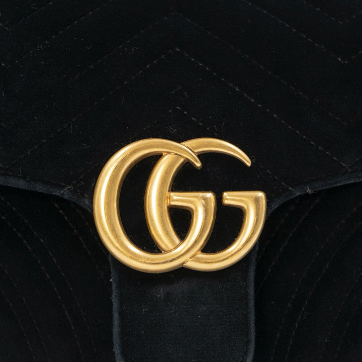 GUCCI Small GG Marmont Shoulder Bag in Black Matelassé Velvet with Antique Gold Hardware