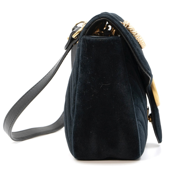 GUCCI Small GG Marmont Shoulder Bag in Black Matelassé Velvet with Antique Gold Hardware
