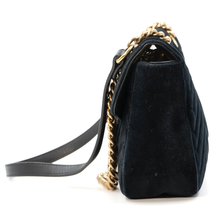 GUCCI Small GG Marmont Shoulder Bag in Black Matelassé Velvet with Antique Gold Hardware