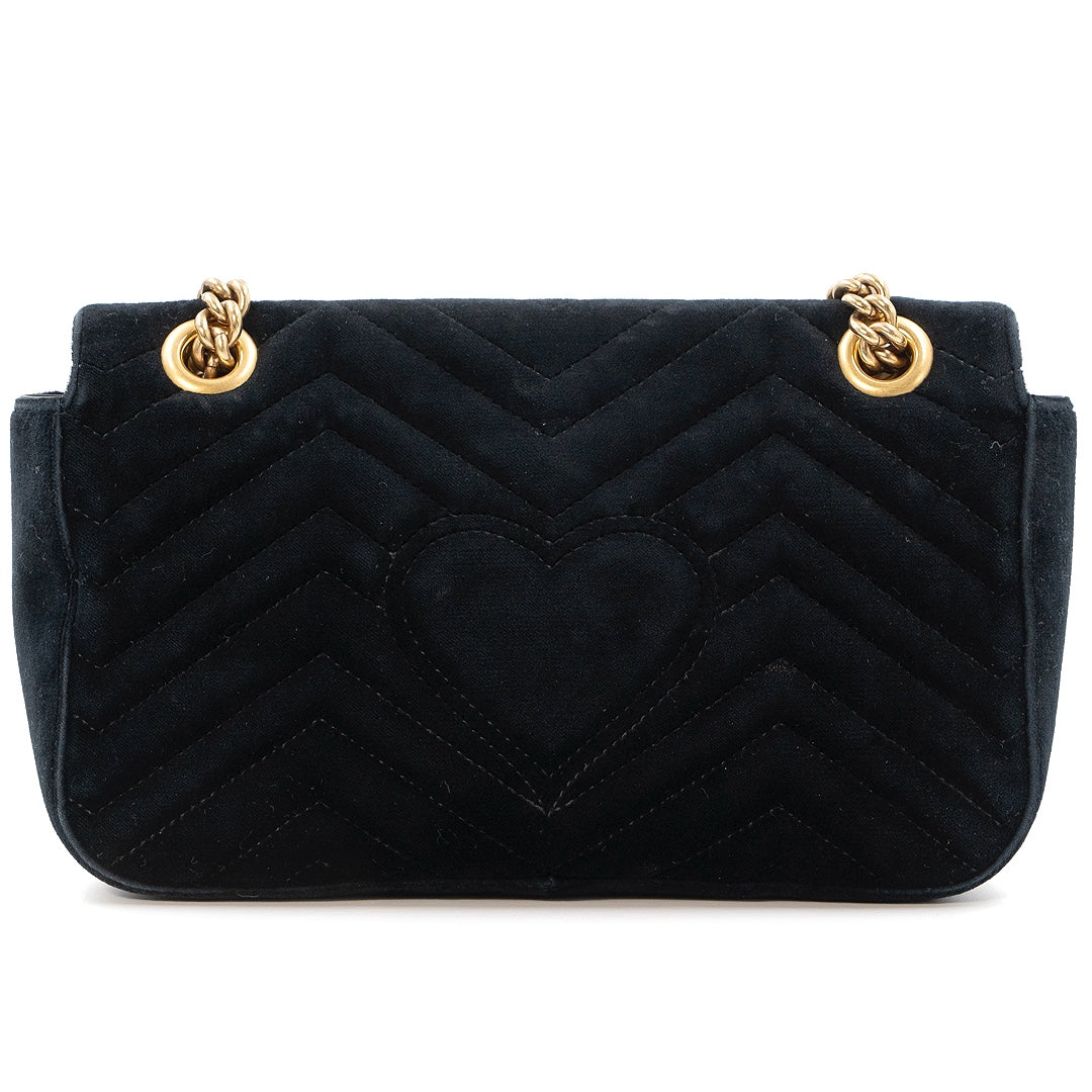 GUCCI Small GG Marmont Shoulder Bag in Black Matelassé Velvet with Antique Gold Hardware