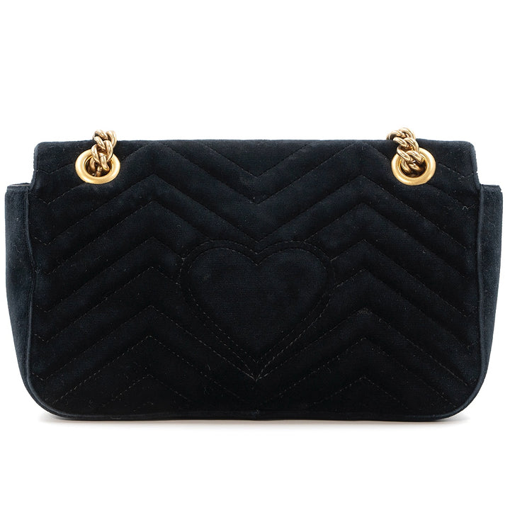 GUCCI Small GG Marmont Shoulder Bag in Black Matelassé Velvet with Antique Gold Hardware