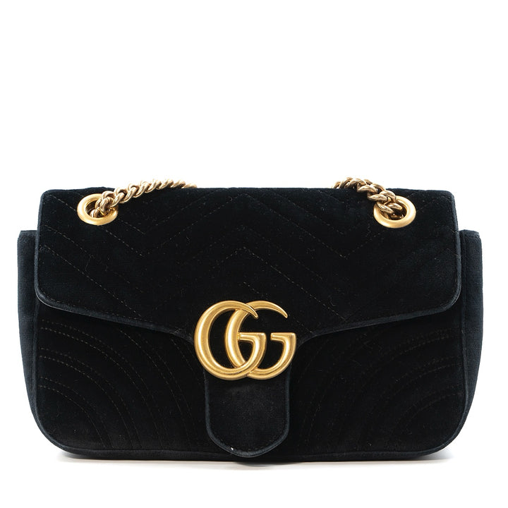 GUCCI Small GG Marmont Shoulder Bag in Black Matelassé Velvet with Antique Gold Hardware