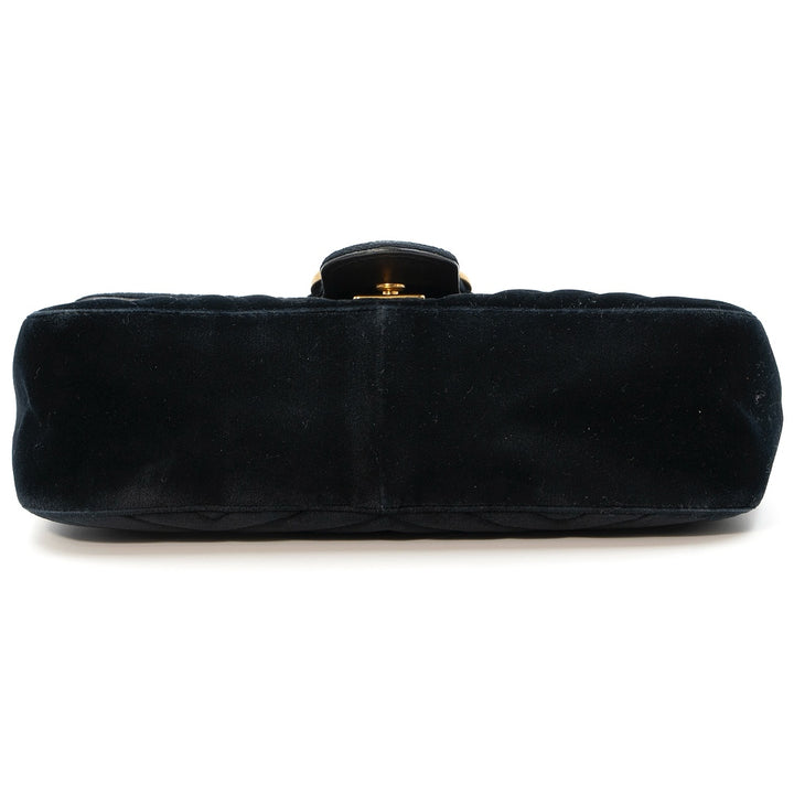 GUCCI Small GG Marmont Shoulder Bag in Black Matelassé Velvet with Antique Gold Hardware