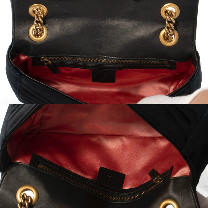 GUCCI Small GG Marmont Shoulder Bag in Black Matelassé Velvet with Antique Gold Hardware