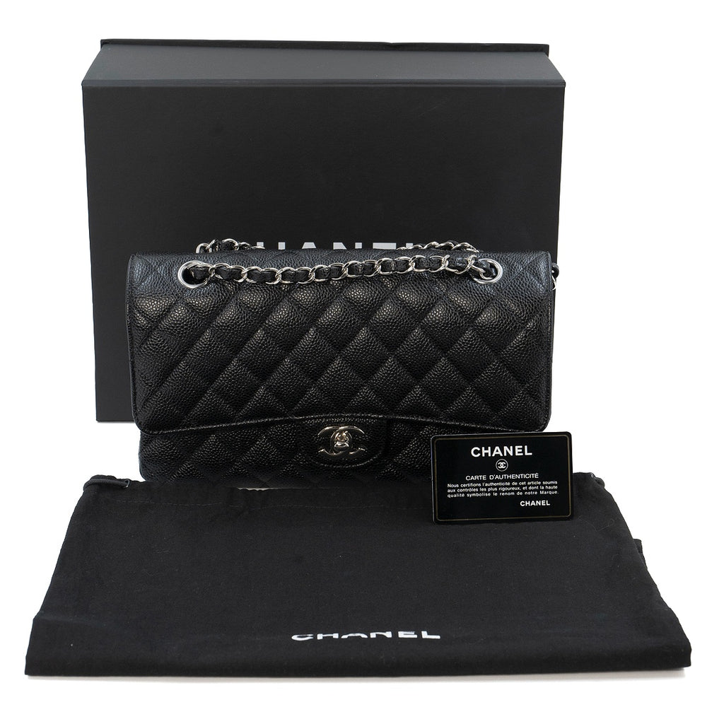 Chanel Medium Classic Double Flap Bag in Black Caviar Leather with Silver Hardware - Gemaee  UAE