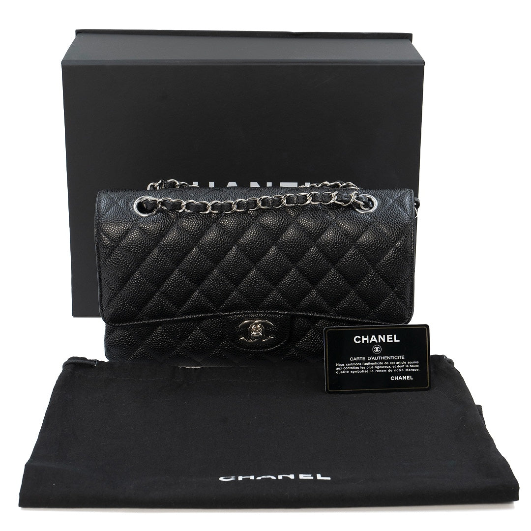 Chanel Medium Classic Double Flap Bag in Black Caviar Leather with Silver Hardware - Gemaee  UAE