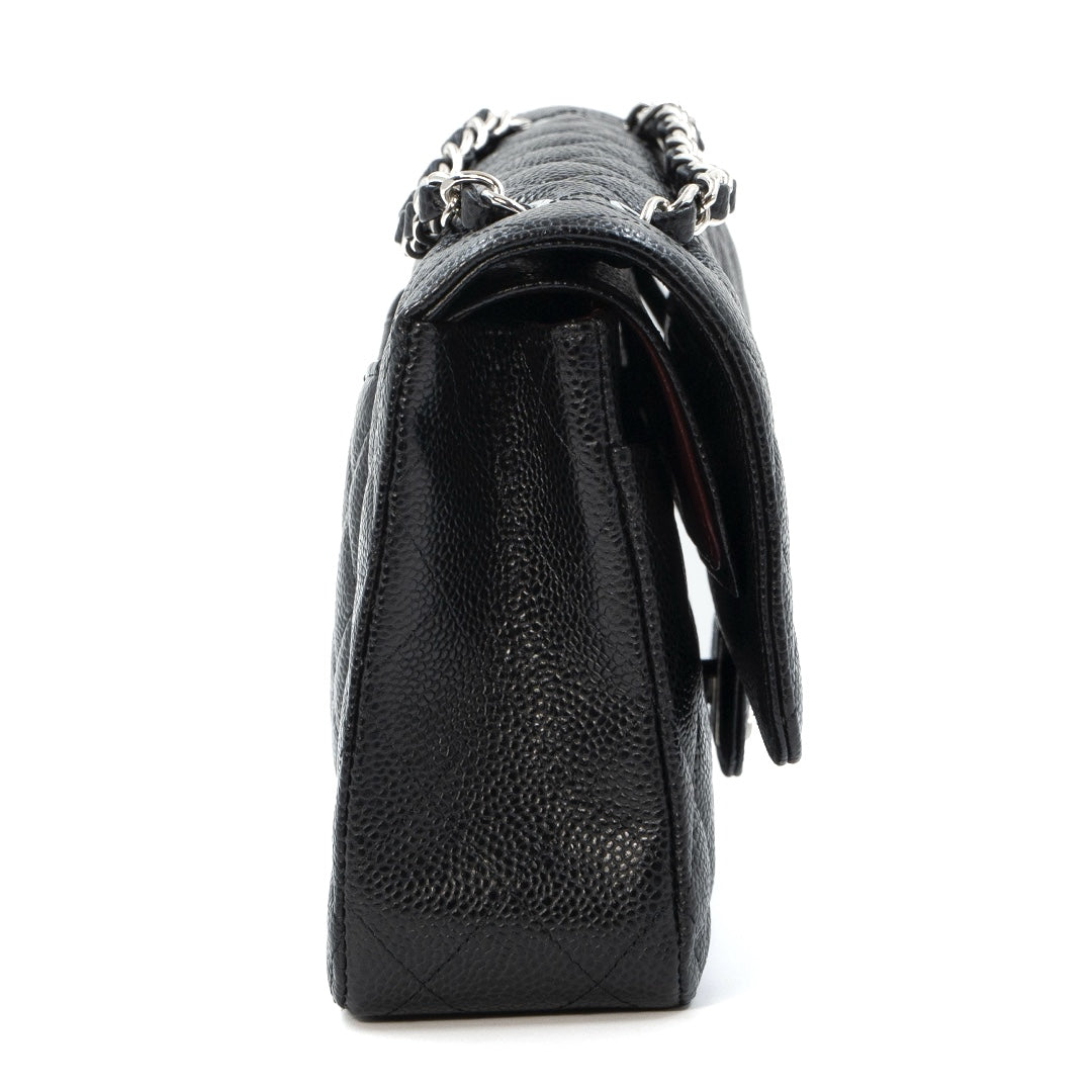 Chanel Medium Classic Double Flap Bag in Black Caviar Leather with Silver Hardware - Gemaee  UAE