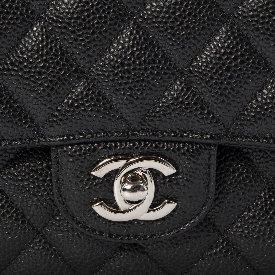 Chanel Medium Classic Double Flap Bag in Black Caviar Leather with Silver Hardware - Gemaee  UAE