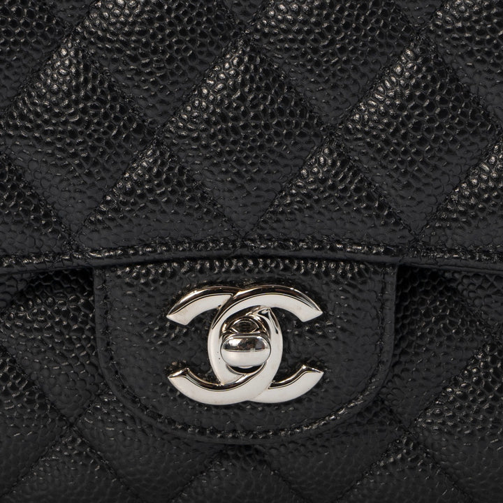Chanel Medium Classic Double Flap Bag in Black Caviar Leather with Silver Hardware - Gemaee  UAE