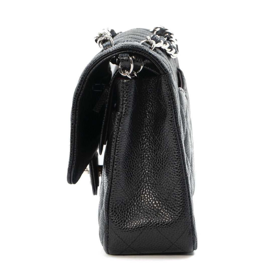 Chanel Medium Classic Double Flap Bag in Black Caviar Leather with Silver Hardware - Gemaee  UAE