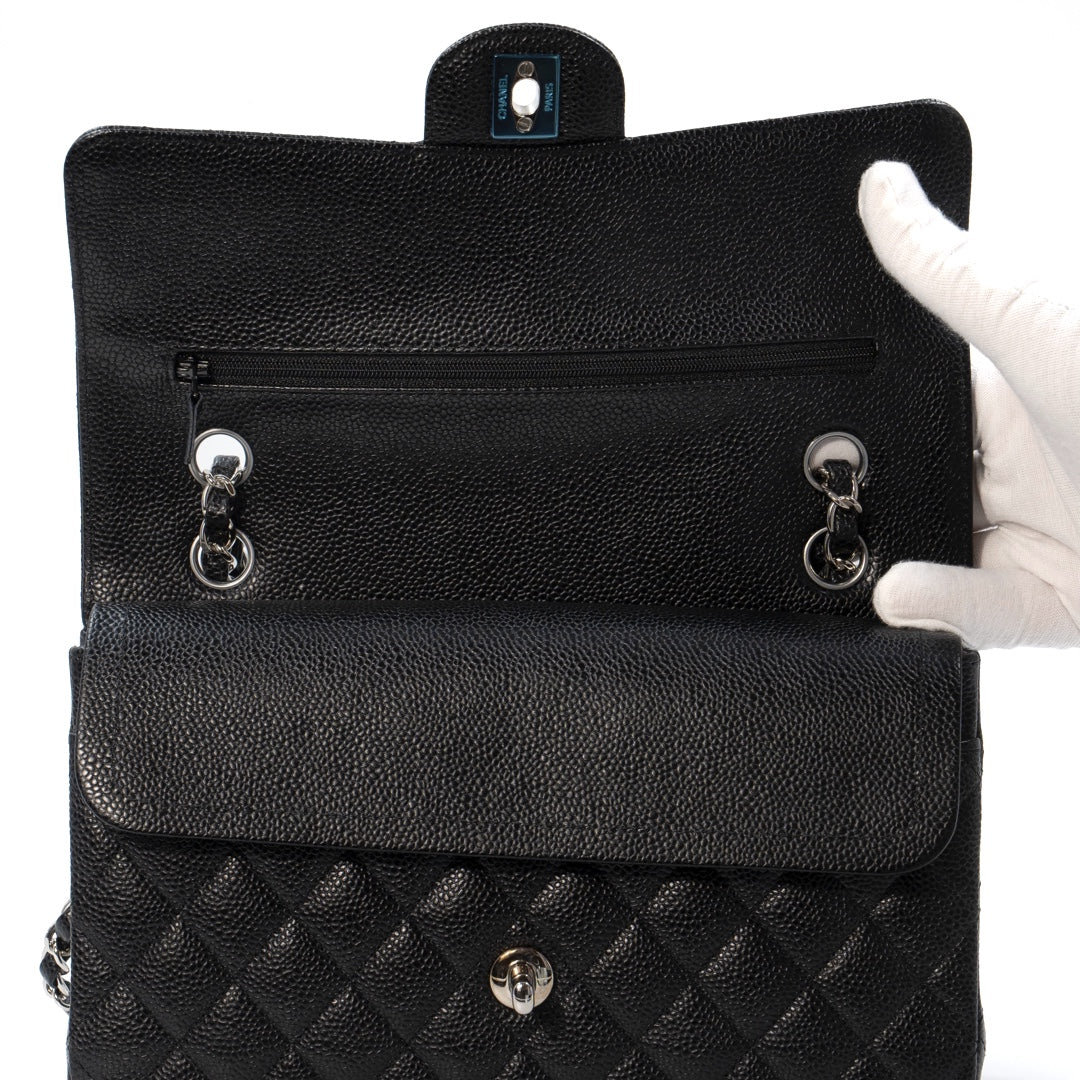 Chanel Medium Classic Double Flap Bag in Black Caviar Leather with Silver Hardware - Gemaee  UAE