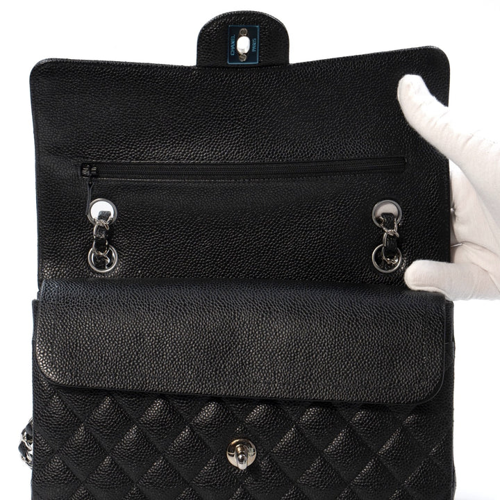 Chanel Medium Classic Double Flap Bag in Black Caviar Leather with Silver Hardware - Gemaee  UAE