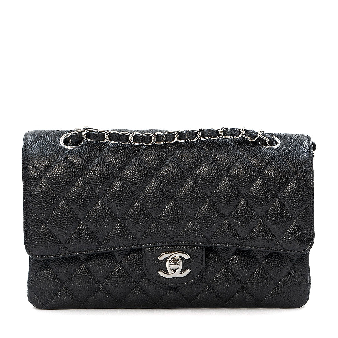 Chanel Medium Classic Double Flap Bag in Black Caviar Leather with Silver Hardware - Gemaee  UAE