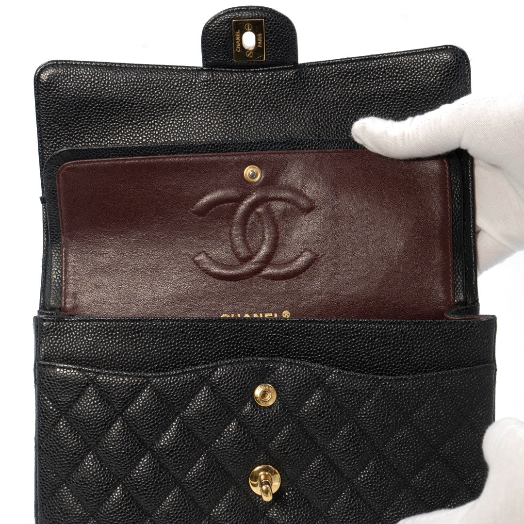 Chanel Medium Classic Double Flap Bag in Black Caviar Leather with Gold Hardware - Gemaee  UAE