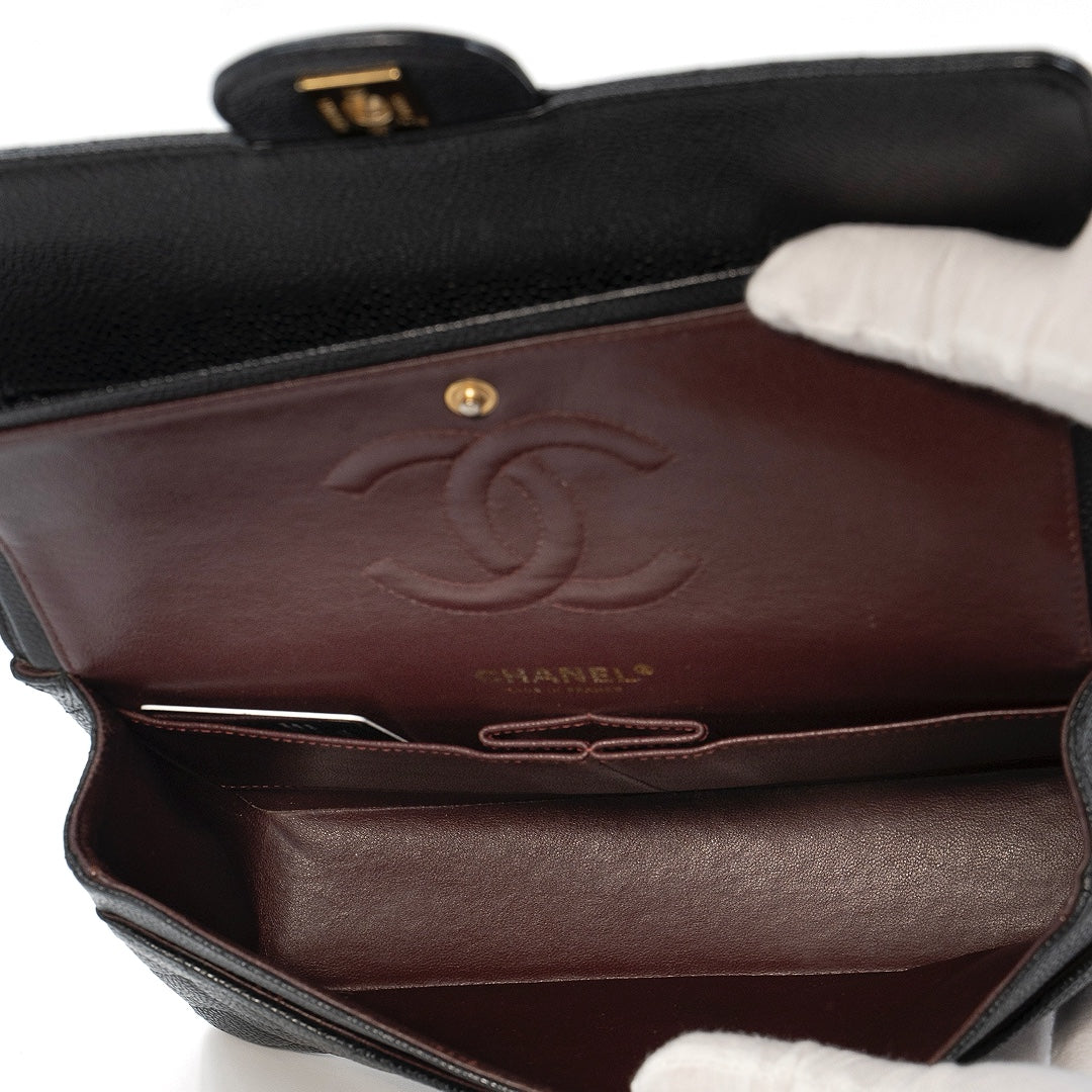Chanel Medium Classic Double Flap Bag in Black Caviar Leather with Gold Hardware - Gemaee  UAE
