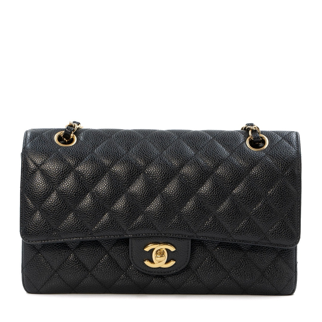Chanel Medium Classic Double Flap Bag in Black Caviar Leather with Gold Hardware - Gemaee  UAE