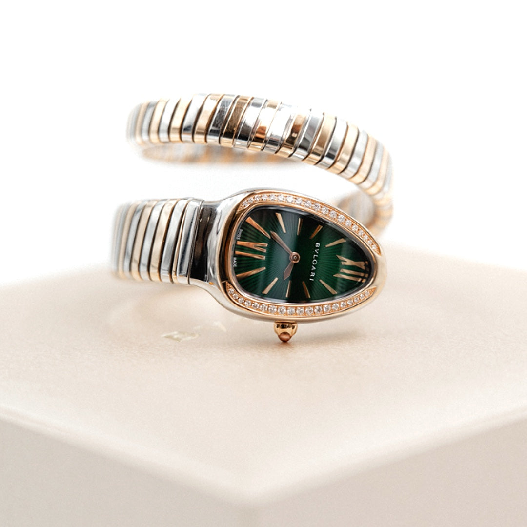 Bulgari Serpenti Tubogas 35mm Green Dial Diamond Bezel Steel & 18K Rose Gold Quartz Watch - Gemaee  UAE