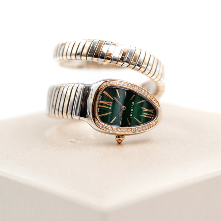 Bulgari Serpenti Tubogas 35mm Green Dial Diamond Bezel Steel & 18K Rose Gold Quartz Watch - Gemaee  UAE