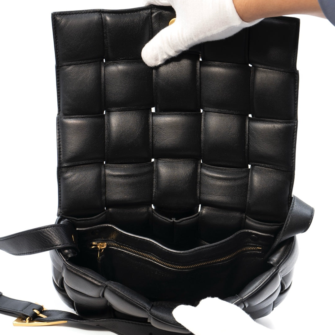 Bottega Veneta Black Padded Cassette Bag in Intreccio Nappa Leather with Gold Hardware - Gemaee  UAE