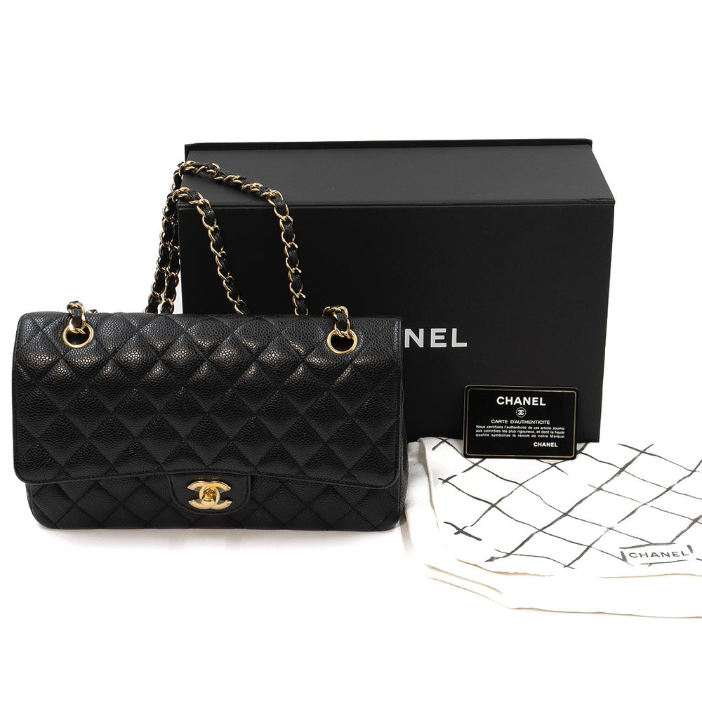 Chanel Medium Classic Double Flap Bag in Black Caviar Leather with Gold Hardware - Gemaee  UAE