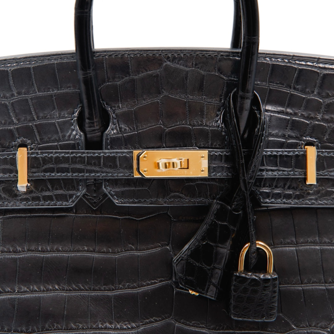Hermès Birkin 25 Bag in Noir Matte Niloticus Crocodile Leather with Gold Hardware - Gemaee  UAE