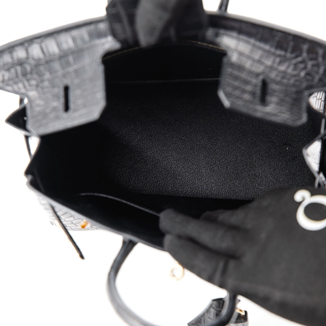 Hermès Birkin 25 Bag in Noir Matte Niloticus Crocodile Leather with Gold Hardware - Gemaee  UAE