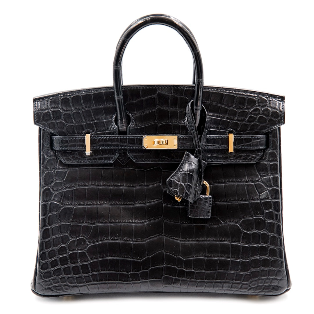 Hermès Birkin 25 Bag in Noir Matte Niloticus Crocodile Leather with Gold Hardware - Gemaee  UAE