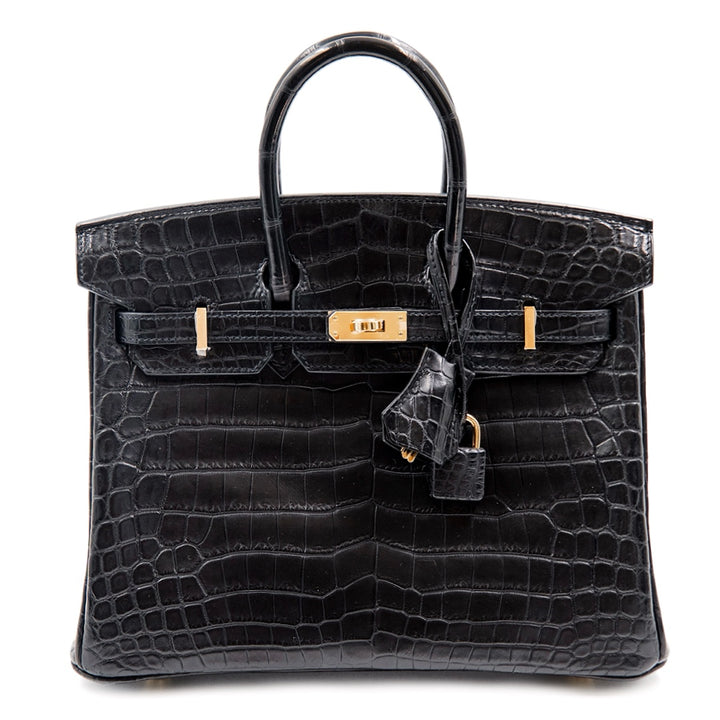 Hermès Birkin 25 Bag in Noir Matte Niloticus Crocodile Leather with Gold Hardware - Gemaee  UAE