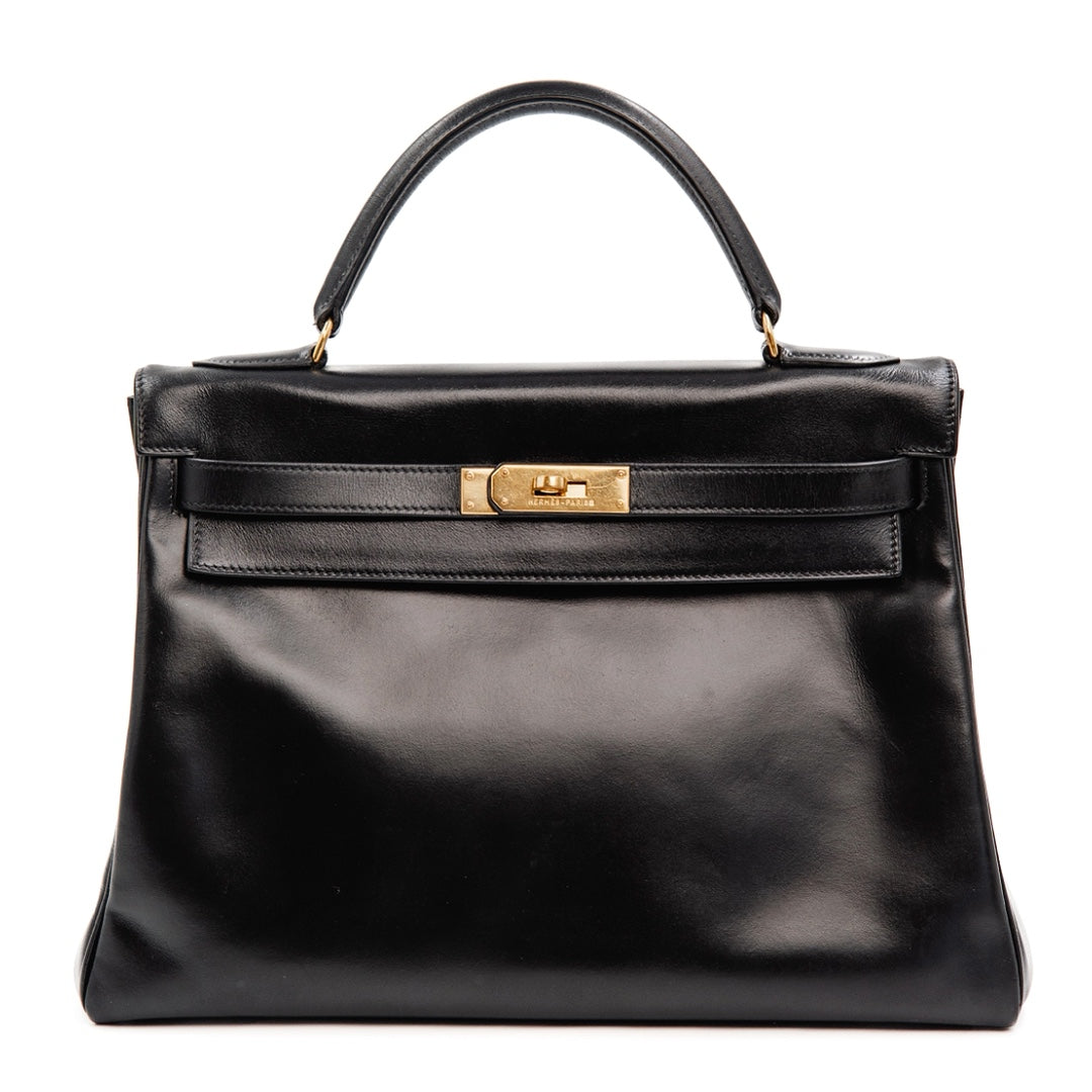 Hermès Kelly 32 Bag in Black Box Calfskin Leather with Gold Hardware - Gemaee  UAE