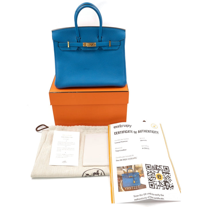 Hermès Birkin 25 Retourne Bag in Blue Zanzibar Togo Leather with Gold Hardware