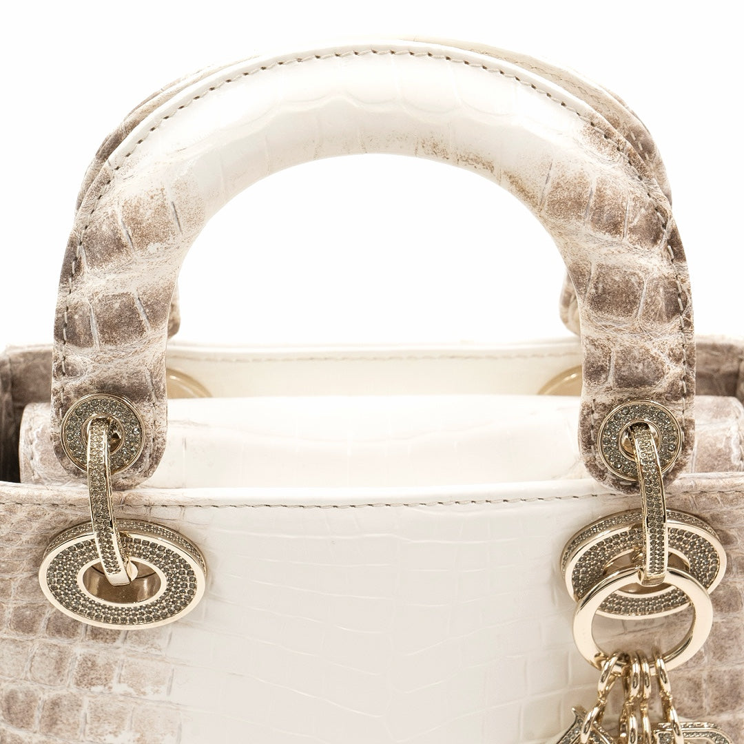Dior Mini Lady Dior Bag in White Himalaya Niloticus Crocodile Leather with Crystal-Embellished Gold-Tone Hardware