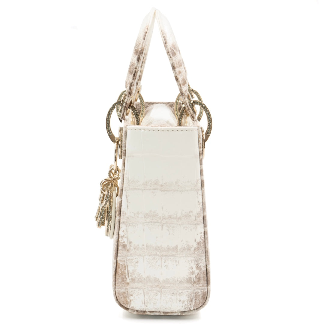 Dior Mini Lady Dior Bag in White Himalaya Niloticus Crocodile Leather with Crystal-Embellished Gold-Tone Hardware