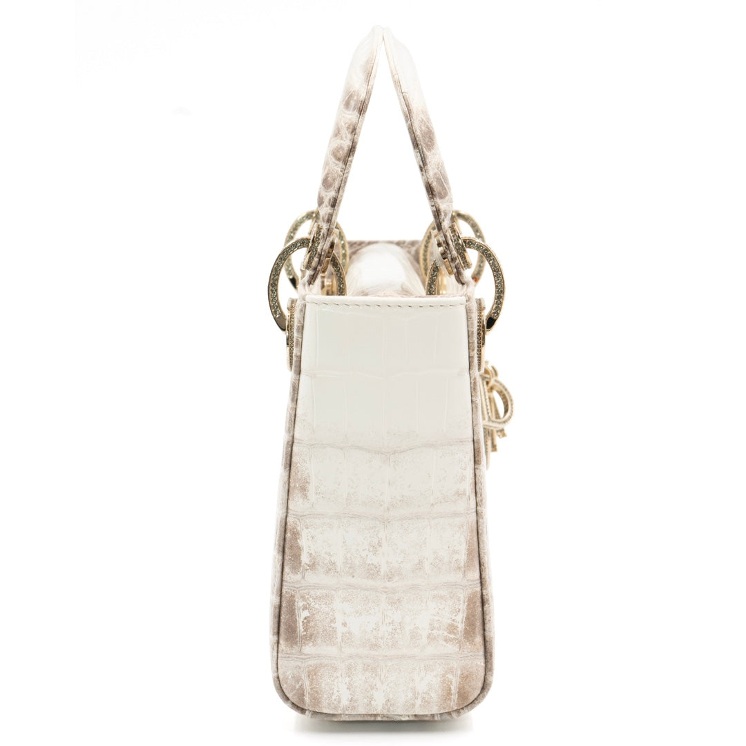 Dior Mini Lady Dior Bag in White Himalaya Niloticus Crocodile Leather with Crystal-Embellished Gold-Tone Hardware