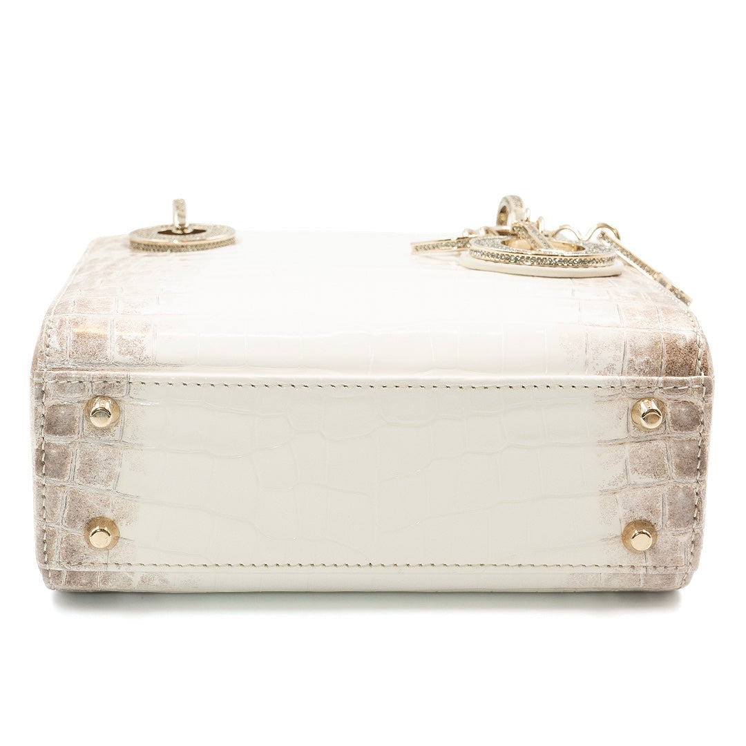 Dior Mini Lady Dior Bag in White Himalaya Niloticus Crocodile Leather with Crystal-Embellished Gold-Tone Hardware