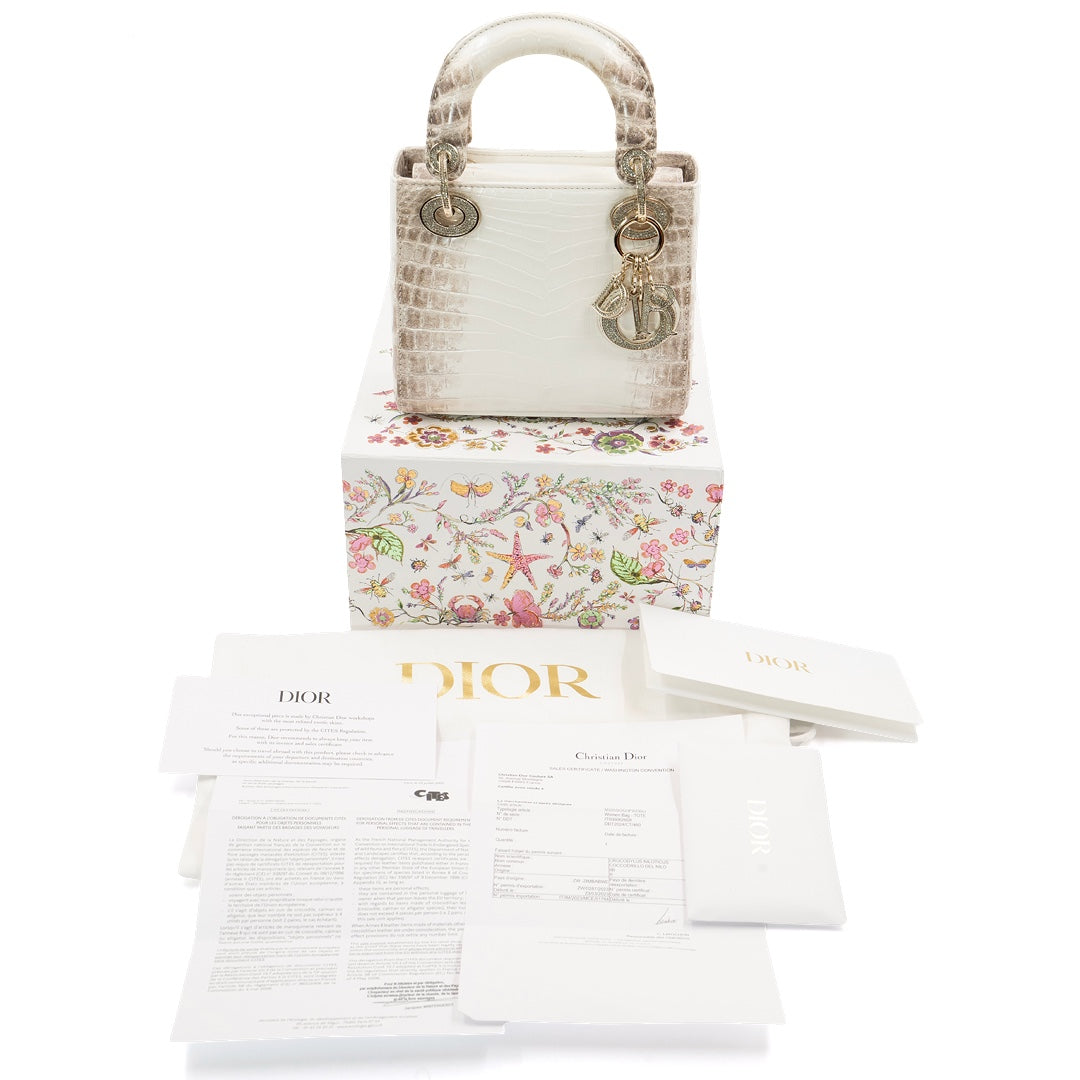 Dior Mini Lady Dior Bag in White Himalaya Niloticus Crocodile Leather with Crystal-Embellished Gold-Tone Hardware