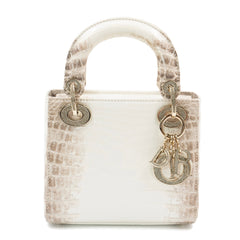 Dior Mini Lady Dior Bag in White Himalaya Niloticus Crocodile Leather with Crystal-Embellished Gold-Tone Hardware