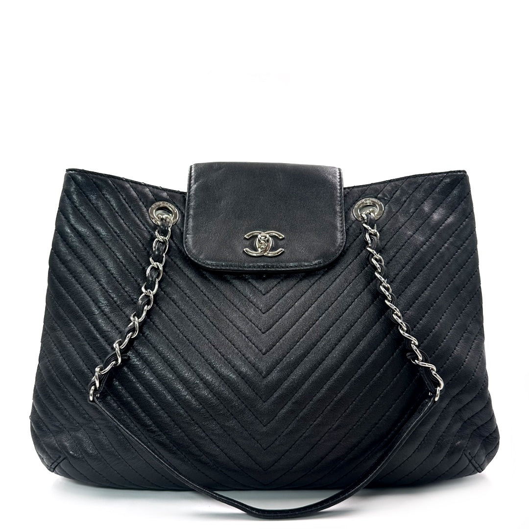 Chanel Black Chevron Leather Tote Bag - Gemaee  UAE