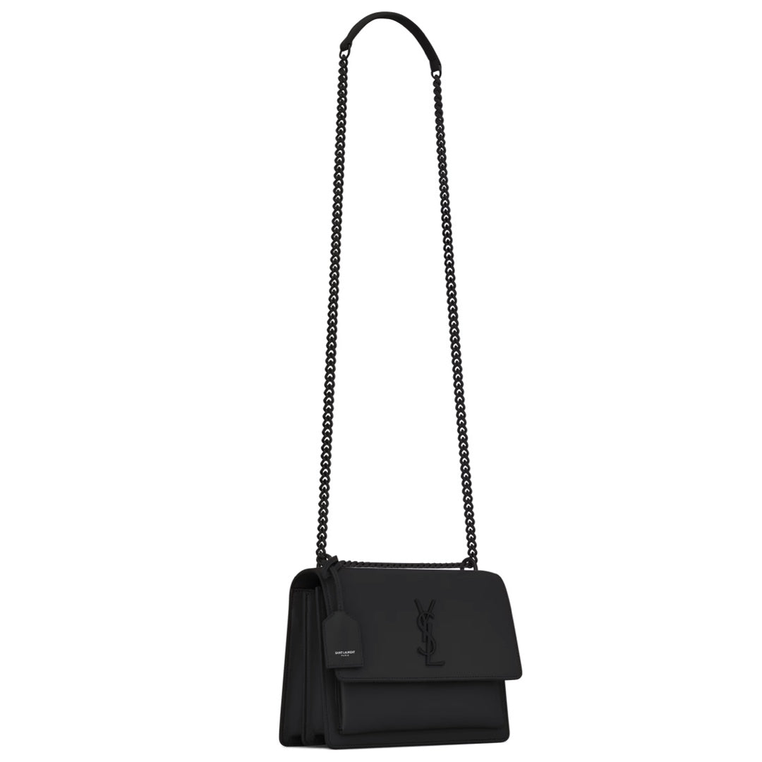 Saint Laurent Sunset Medium Flap Bag in Smooth Noir Leather with Black Cassandre Hardware